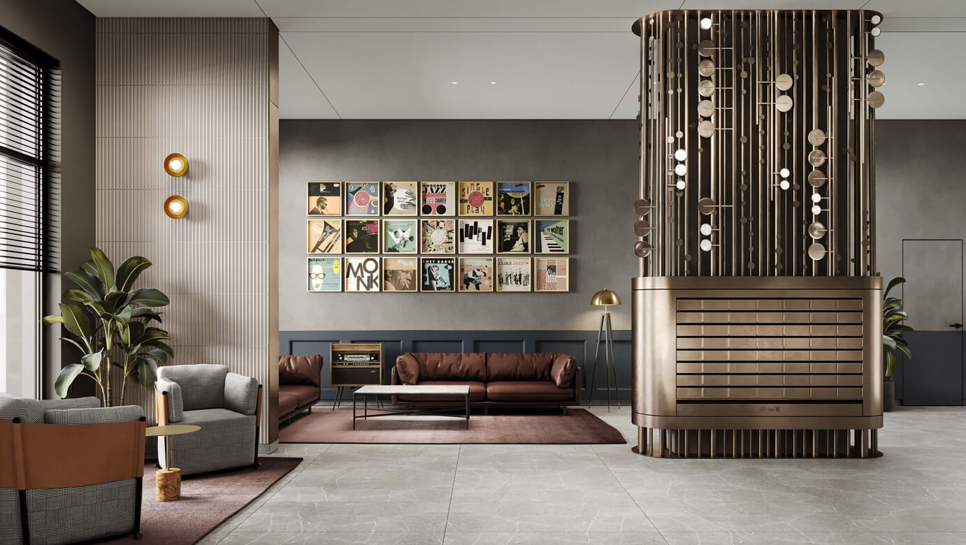 В лобби клубного дома разместят диван «Честер» и музыкальные атрибуты